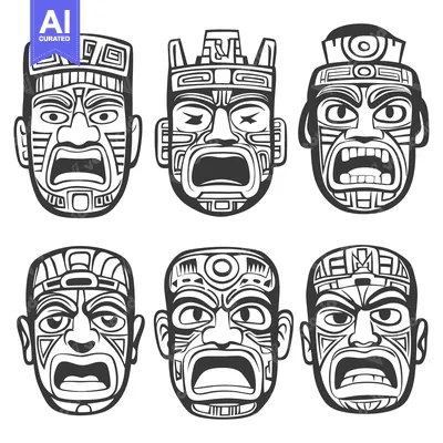 Six Black and White Tribal Masks with Geometric Patterns