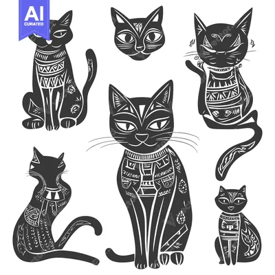 Aset premium populer: Six Black Cats with Geometric Patterns and White Background
