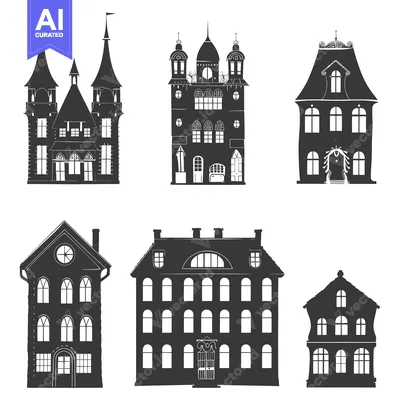 Six Black Silhouettes of Different Architectural Houses