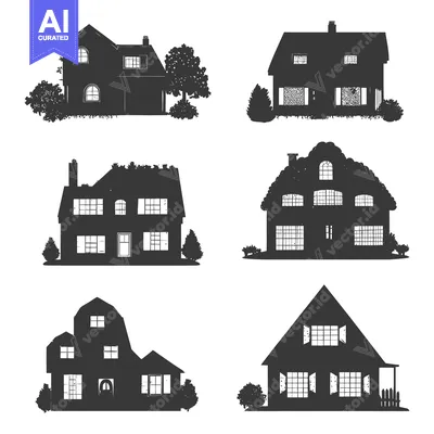 Aset premium populer: Six Black Silhouettes of Houses with Windows and Doors
