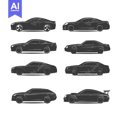 Six Black Silhouettes of Modern Cars in Profile View