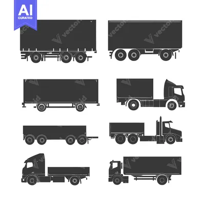 Six Black Silhouettes of Semi-Trucks and Trailers in Various Configura