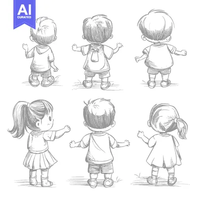 Six Children Viewed from Behind in a Hand-Drawn Sketch Style