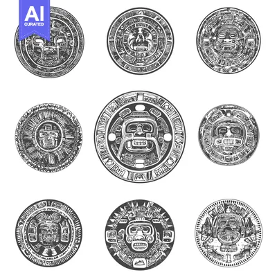 Aset premium populer: Six Circular Aztec Designs with Faces and Symbols