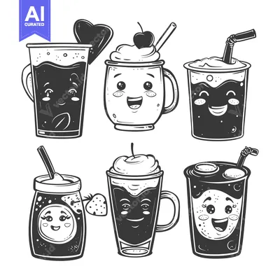 Six Cute Cartoon Drawings of Drinks with Smiling Faces and Straws