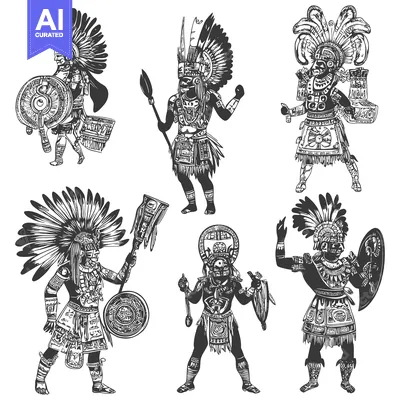 Premium design asset: Six Depictions of Aztec Warriors in Traditional Attire