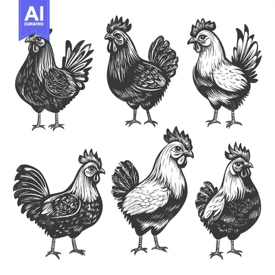 Six Detailed Black and White Rooster Illustrations