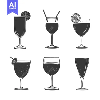 Six Different Cocktail Glasses with Drink and Garnishes