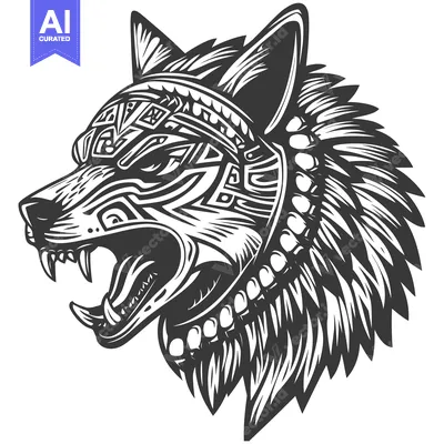 Aset premium populer: A black and white illustration of a snarling wolf with tribal patterns