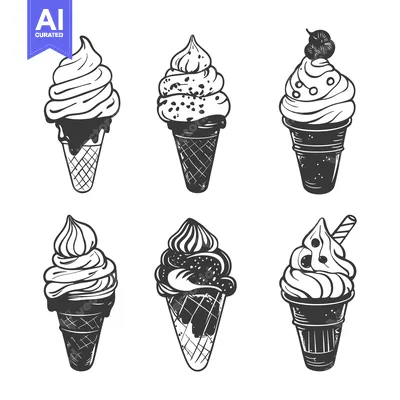 Six Different Hand Drawn Ice Cream Cones with Various Toppings