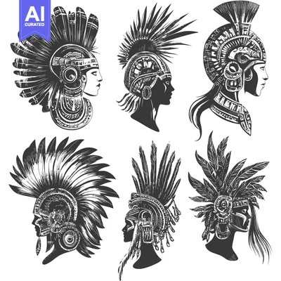 Popular premium asset: Six Female Figures in Profile Wearing Elaborate Feathered Headdresses