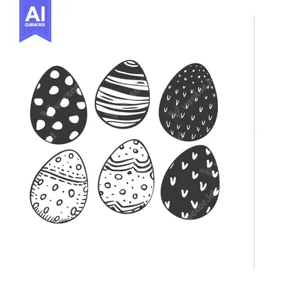 Six Hand-Drawn Black and White Easter Eggs with Different Patterns
