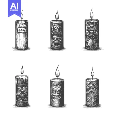 Six Hand-Drawn Candles with Carved Designs