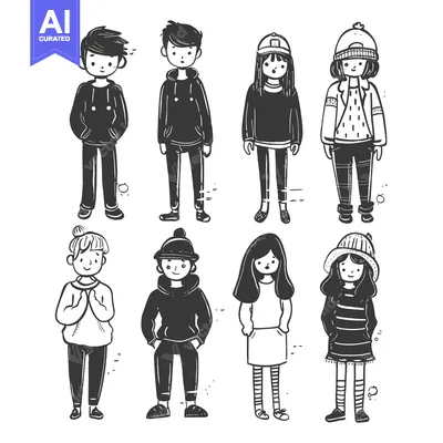 Six Hand-Drawn Cartoon Characters in Various Outfits