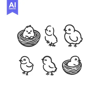 Aset desain premium: Six Hand-Drawn Illustrations of Baby Chicks in Various Poses