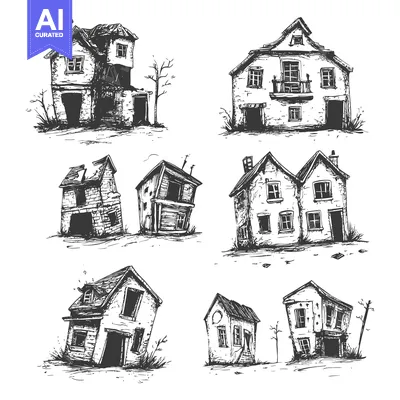 Six Hand-Drawn Sketches of Distressed and Abandoned Houses