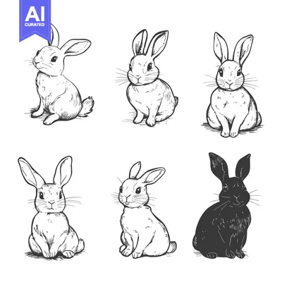 Aset premium populer: Six Hand-Drawn Sketches of Sitting Rabbits in Various Poses