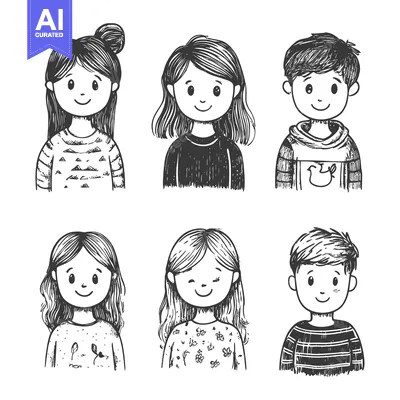 Six Hand-Drawn Sketches of Smiling Children with Different Hairstyles