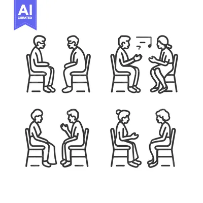 Aset desain premium: Six Line Drawings of People Sitting in Chairs, Each Depicting a Differ