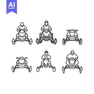 Six Line Drawings of Snowmobiles with and Without Riders