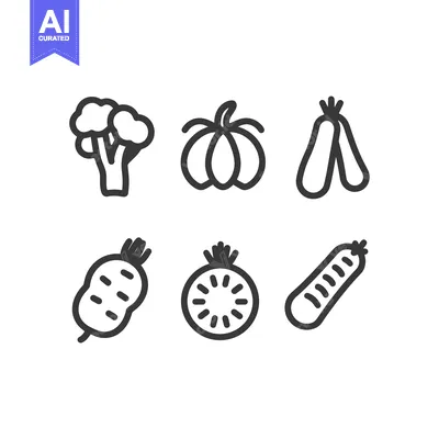 Six Line Drawings of Vegetables: Broccoli, Pumpkin, Pear, Potato, Toma