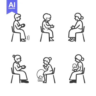 Aset premium populer: Six Line Drawings of Women Sitting on Chairs in Different Poses