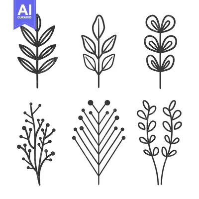 Aset desain premium: Six Minimalist Line Drawings of Plants with Leaves and Stems