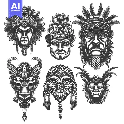 Six Monochromatic Tribal Masks With Intricate Details