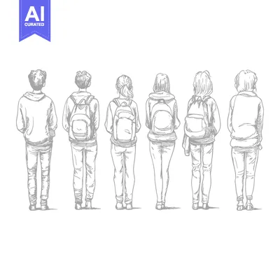 Aset premium populer: Six People Standing Back-to-Back with Backpacks
