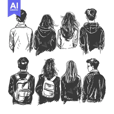 Six People Walking Away From The Viewer In A Hand Drawn Sketch