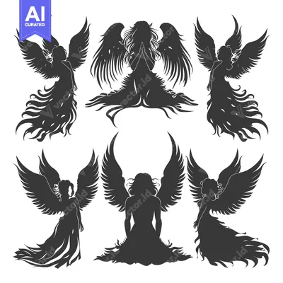 Six Silhouette Angels with Wings and Long Hair