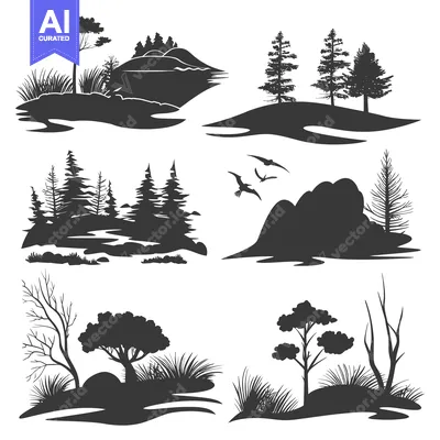 Six Silhouette Illustrations of Diverse Landscapes Featuring Trees, Hi