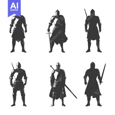 Aset premium populer: Six Silhouette Illustrations of Medieval Knights in Armor