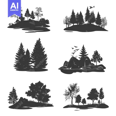 Six Silhouette Landscapes with Trees, Water, and Birds