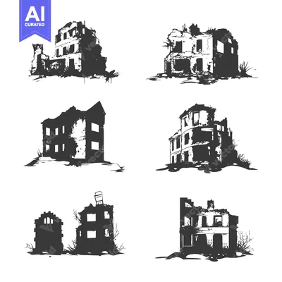 Six Silhouettes of Abandoned and Crumbling Buildings