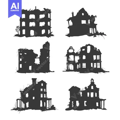 Six Silhouettes of Abandoned, Ruined Buildings