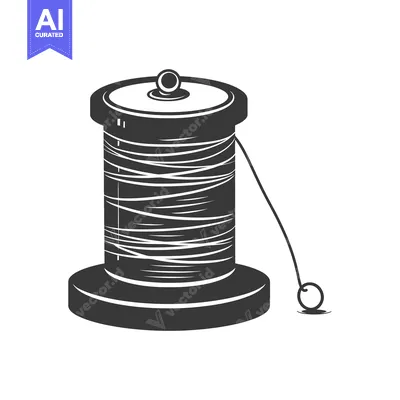 A black and white illustration of a spool of thread