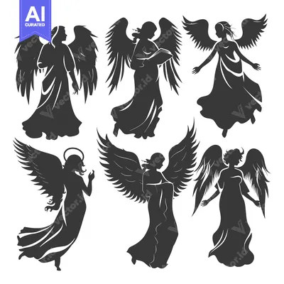Six Silhouettes of Angels with Wings and Dresses