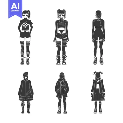 Six Silhouettes of Anime-Style Characters Wearing Diverse Outfits