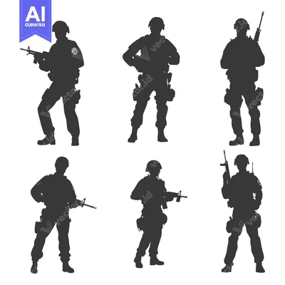Six Silhouettes of Armed Soldiers in Combat Gear