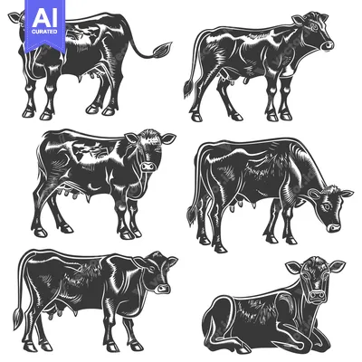 Six Silhouettes of Cows in Various Poses