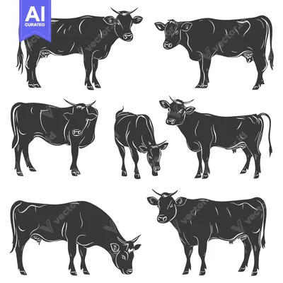 Six Silhouettes of Cows in Various Poses
