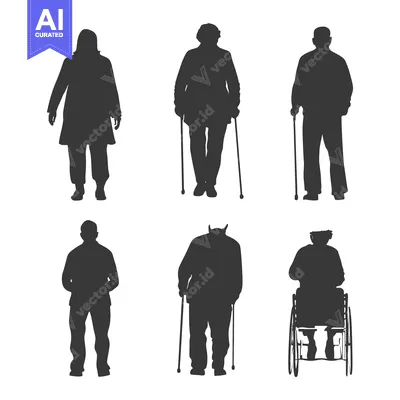 Aset desain premium: Six Silhouettes of Elderly People Walking and in a Wheelchair