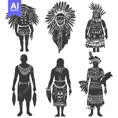 Six Silhouettes of Indigenous Peoples Wearing Traditional Clothing and