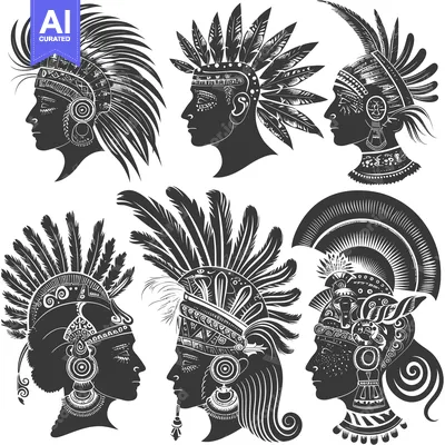 Aset desain premium: Six Silhouettes of Indigenous People Wearing Traditional Headwear