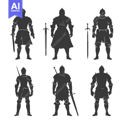 Six Silhouettes of Medieval Knights in Full Armor with Swords