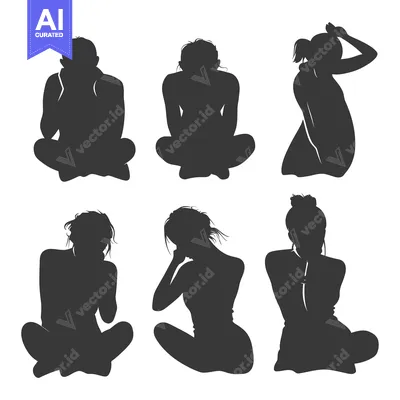 Aset desain premium: Six Silhouettes of People Sitting in Thoughtful Poses