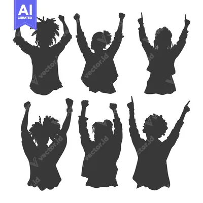 Six Silhouettes of People with Arms Raised in Celebration
