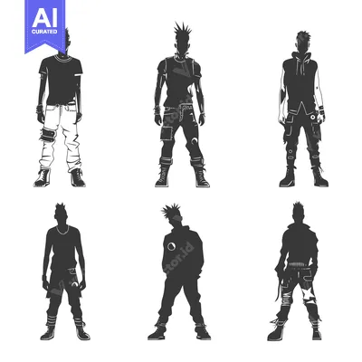 Six Silhouettes of Punk Rock Men in Various Poses