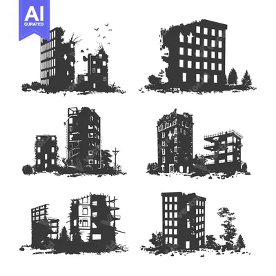 Six Silhouettes of Ruined Buildings with Trees and Birds in Flight